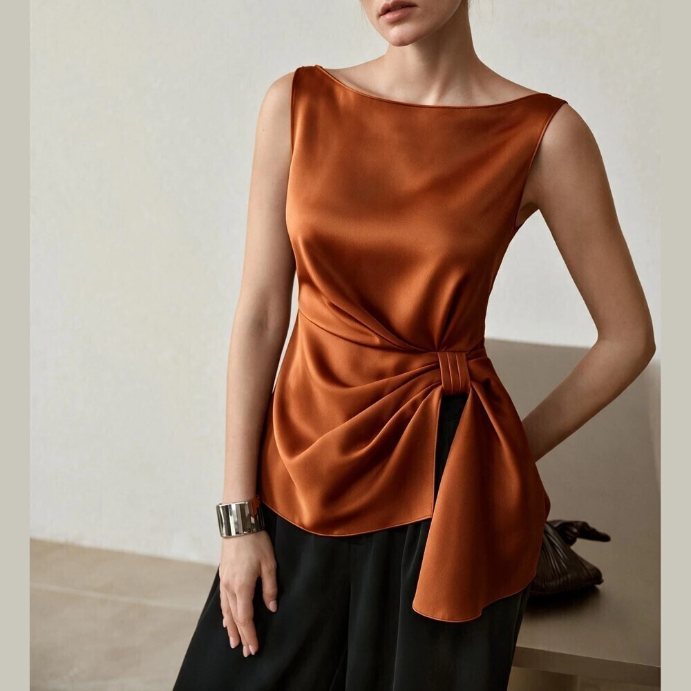 Rust Orange Satin Boat Neck Sleeveless Gathered Waist Blouse